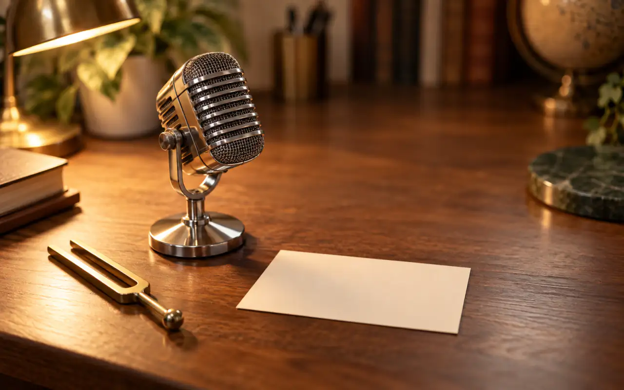 A vintage desktop microphone beside a brass tuning fork and a blank index card on a warm wooden desk