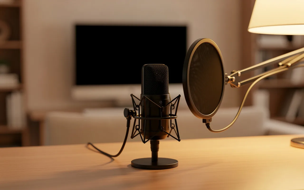 A condenser microphone with a pop filter in a warm room
