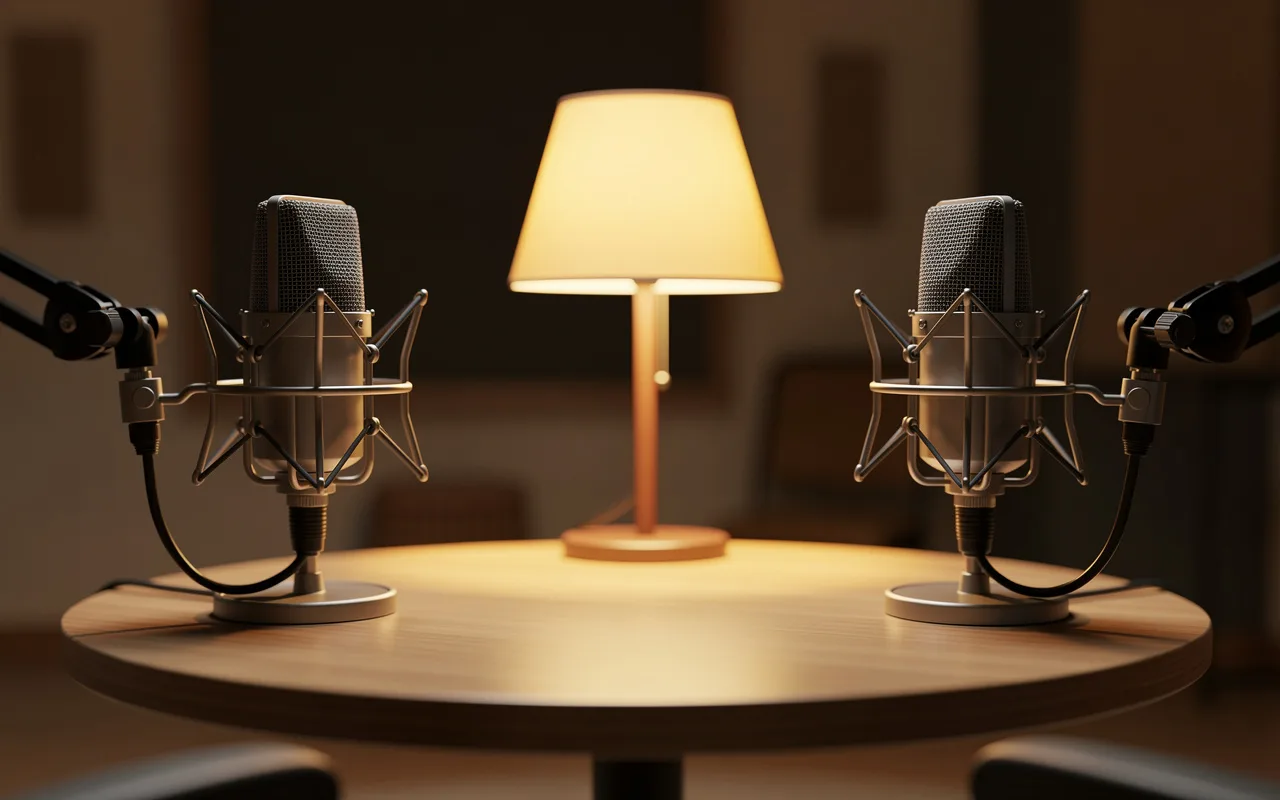 Two studio microphones facing each other across a warmly lit table