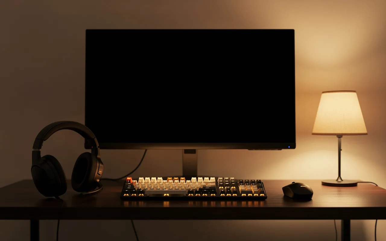 A gaming desk at night with a headset beside a backlit keyboard