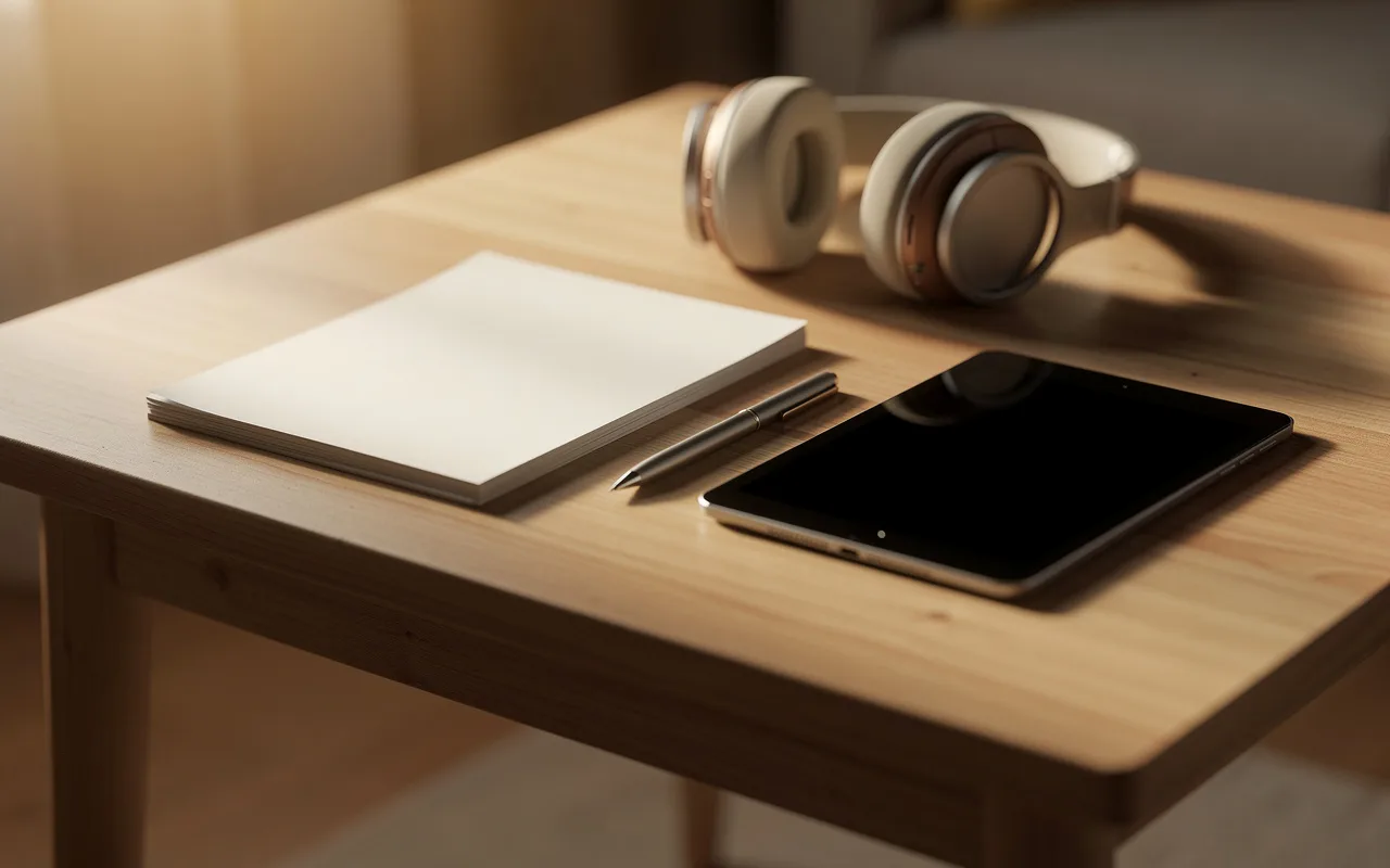 A wooden table with paper, a pen and headphones in afternoon light