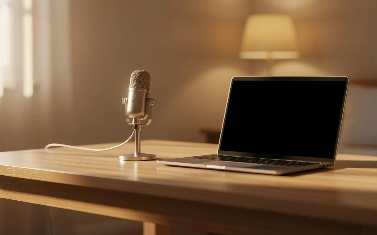 A small studio microphone on a minimal wooden desk in morning light