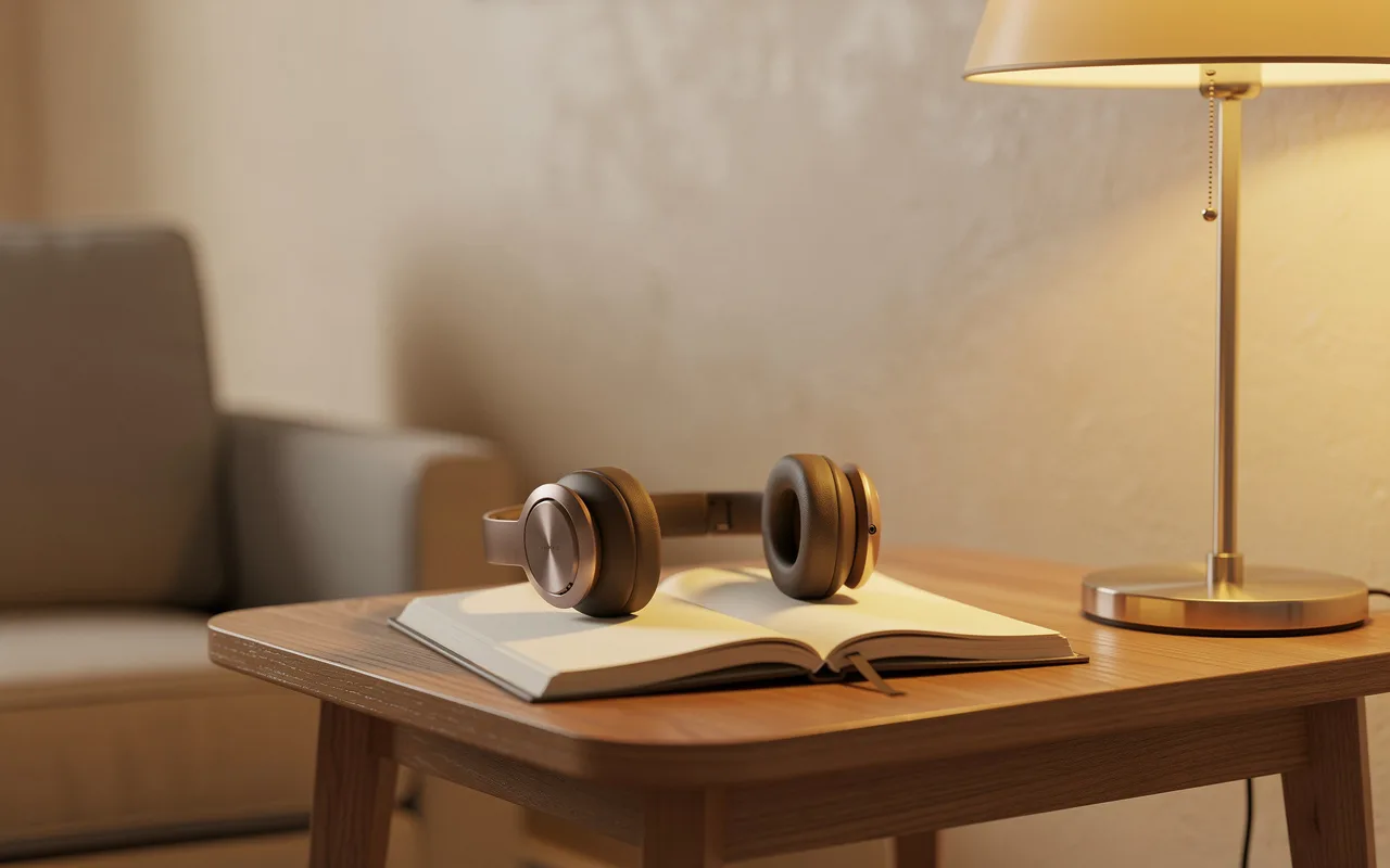 Headphones resting on an open notebook under a warm lamp