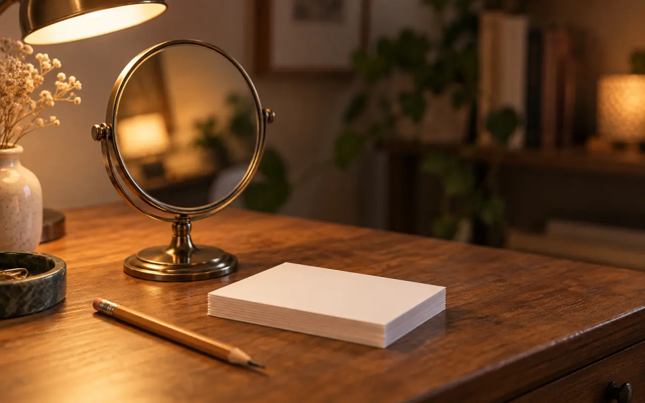 A small round mirror on a stand beside a stack of blank index cards and a pencil on a warm wooden desk