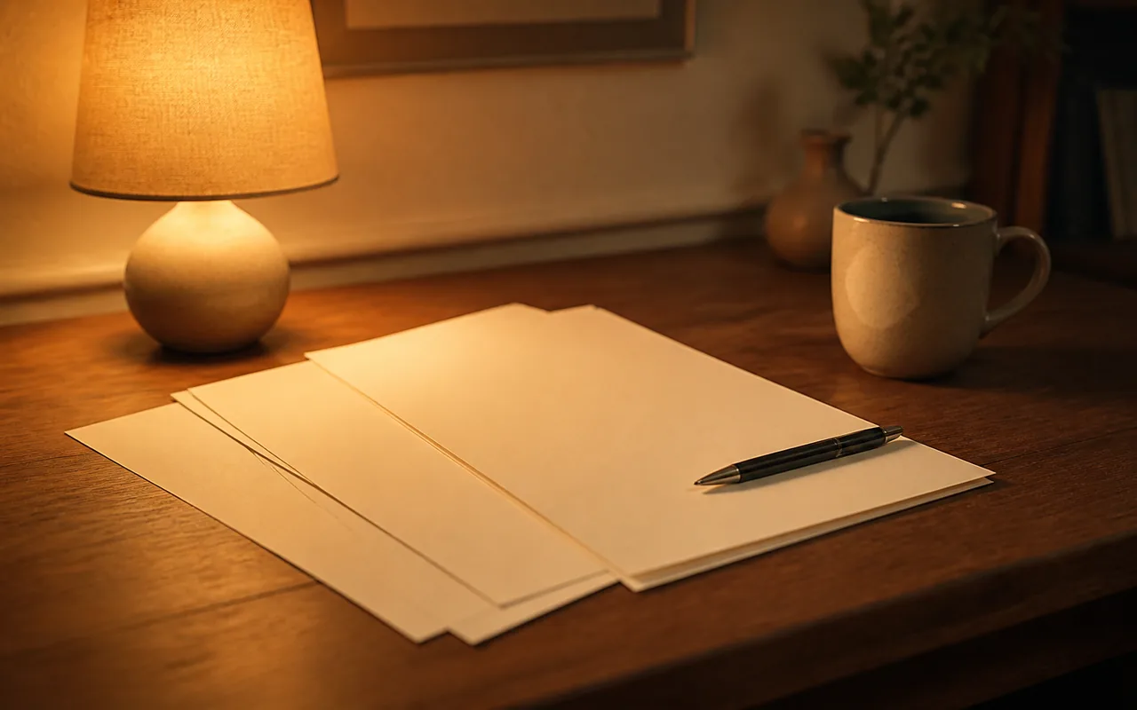 Sheets of paper and a pen on a warm wooden desk beside a mug and a lamp