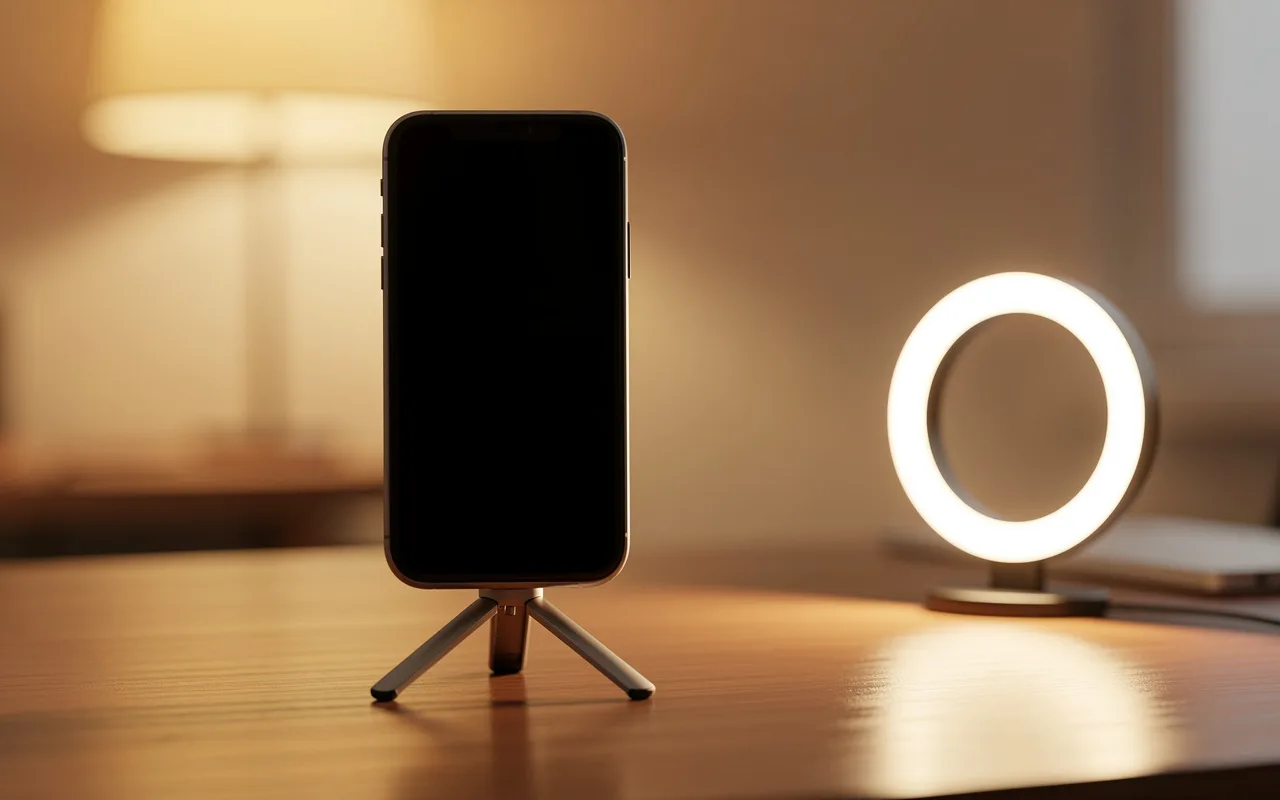 A phone on a small tripod beside a ring light on a wooden desk