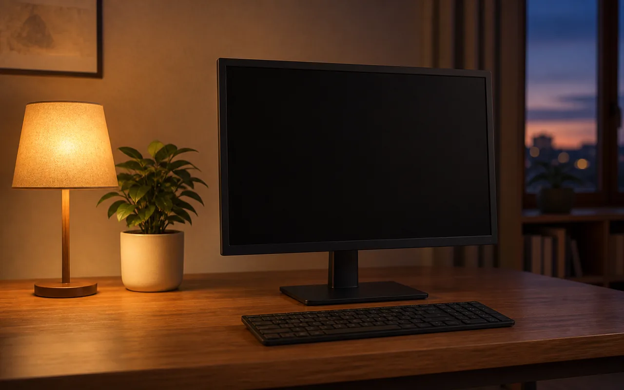 A developer desk at dusk with a closed laptop and a blank monitor
