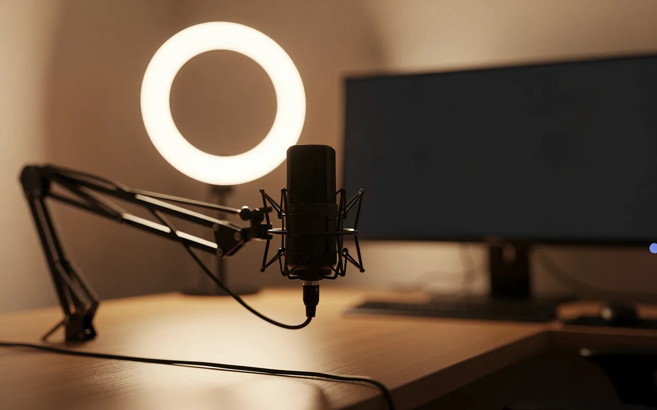 A streaming microphone on a boom arm lit by a warm ring light