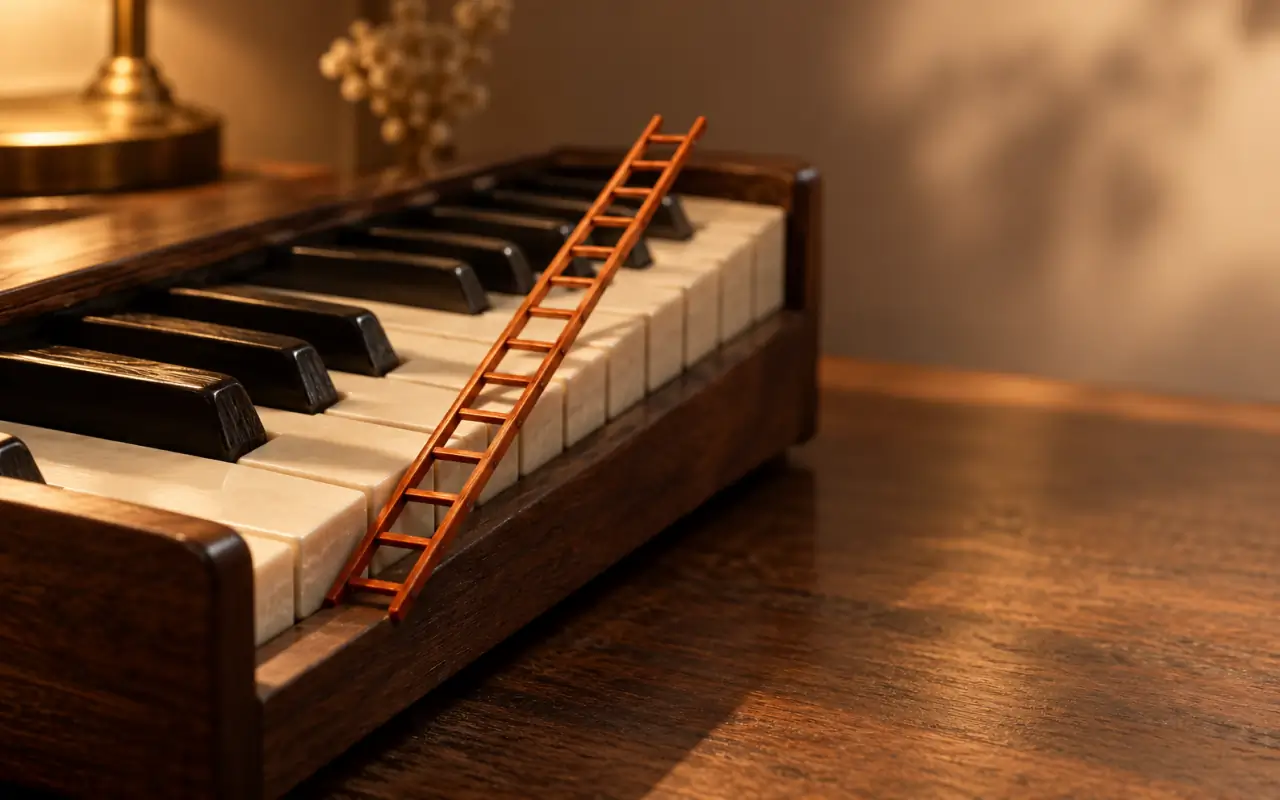 A burnt-orange miniature ladder climbing across ivory piano keys on a warm wooden desk