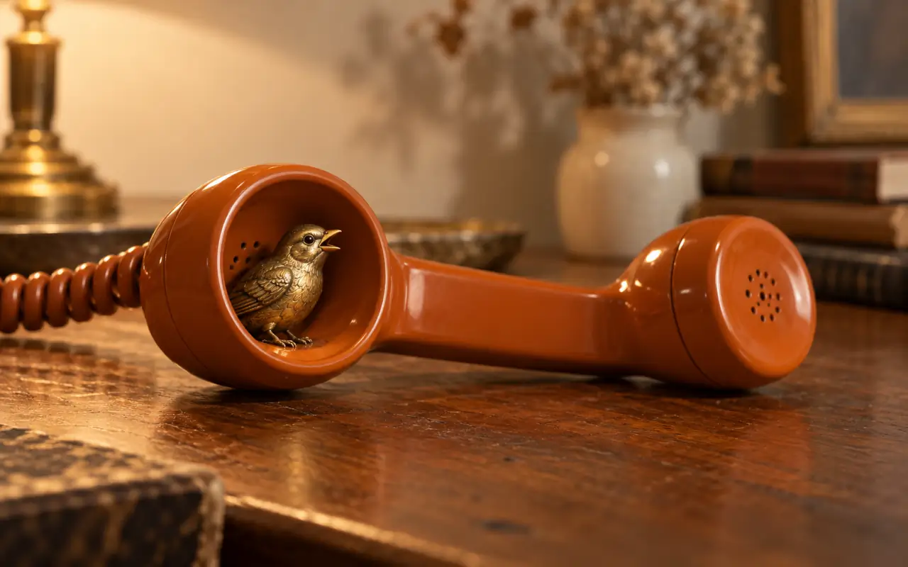 A tiny brass songbird perched inside a burnt-orange telephone handset on a wooden desk