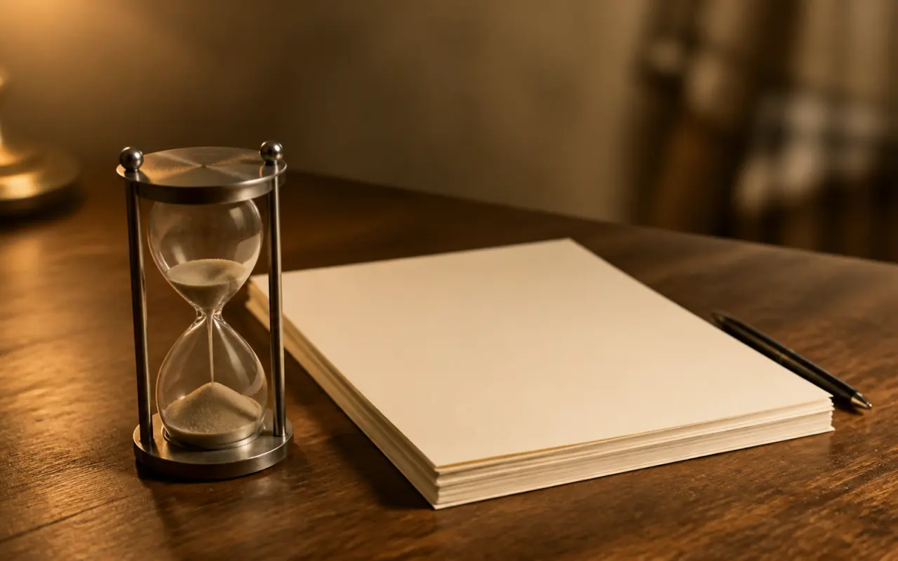 An hourglass beside a stack of blank script pages on a warm wooden desk