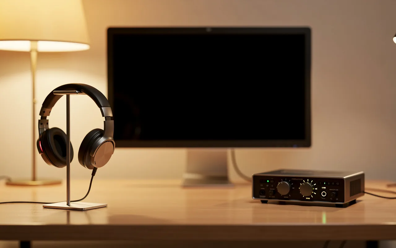 Studio headphones on a stand beside an audio interface